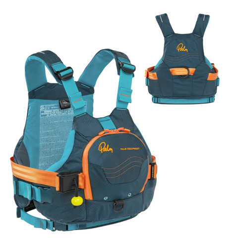 A teal and navy blue Palm Equipment life jacket with bright orange accents, shown from the front and back on a plain white background.