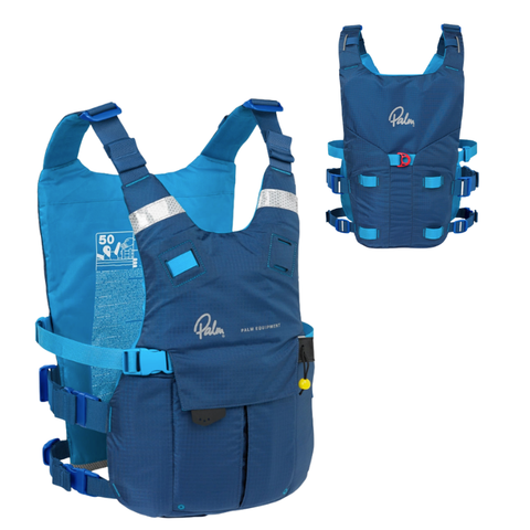 Blue and turquoise buoyancy aid with reflective straps and multiple buckles, shown from the front with a smaller rear view inset on a white background. Palm brand logo is visible on the front.