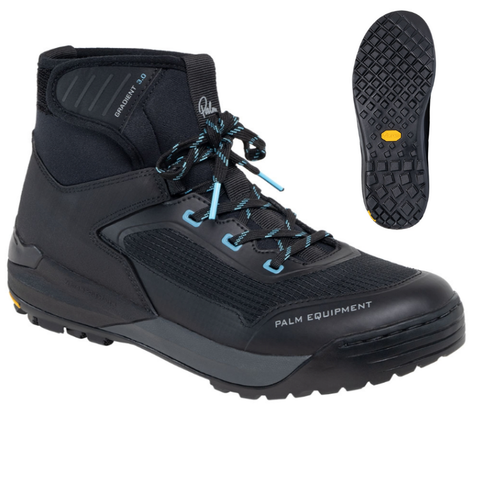 Black boot with blue laces and sole view on a white background