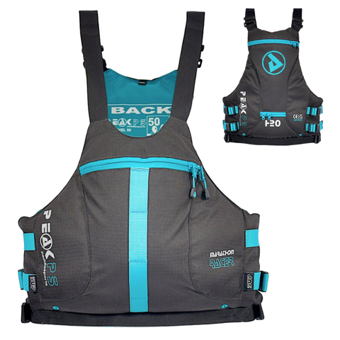 A black and turquoise Peak brand buoyancy aid shown from the front, with a smaller inset view showing the back. The jacket features a black textured fabric body with bright turquoise accents on the straps, zippers, and branding.