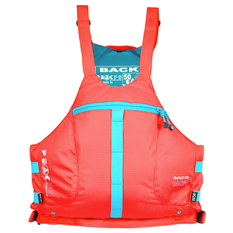 A red and teal Peak PS buoyancy aid with a front zippered pocket and adjustable shoulder straps, shown against a plain white background.