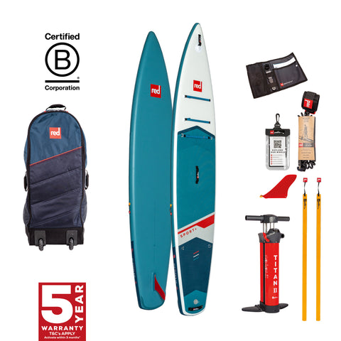 A Red Paddle Co paddleboard with accompanying accessories including a backpack, pump, batons, and a leash. The board is blue with the Red Paddle Co logo and has the '5 Year Warranty' badge.