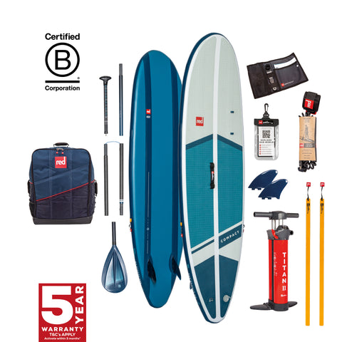 An array of paddleboarding equipment including a blue and white paddleboard, a 5 piece paddle, a navy backpack, a red pump, and other accessories and brand logos.