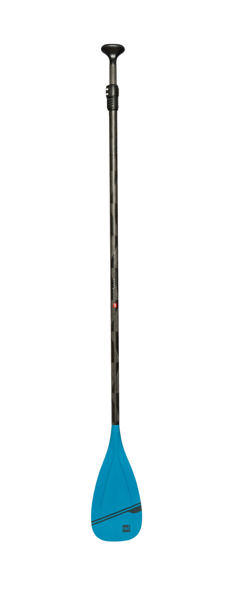 A three-piece Red Paddle Co paddle with blue blades and a black shaft.
