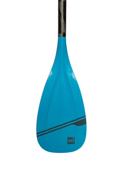 A three-piece Red Paddle Co paddle with blue blades and a black shaft.