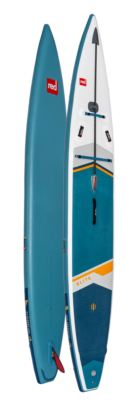 A blue and white paddleboard. Orange detailing and Red logo with a red fin.  