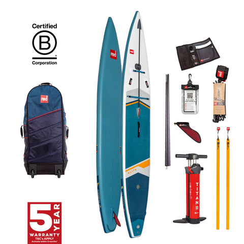 A variety of paddleboarding components including a light blue and white paddleboard, transit bag, red pump fin and other accessories as well as brand logos.