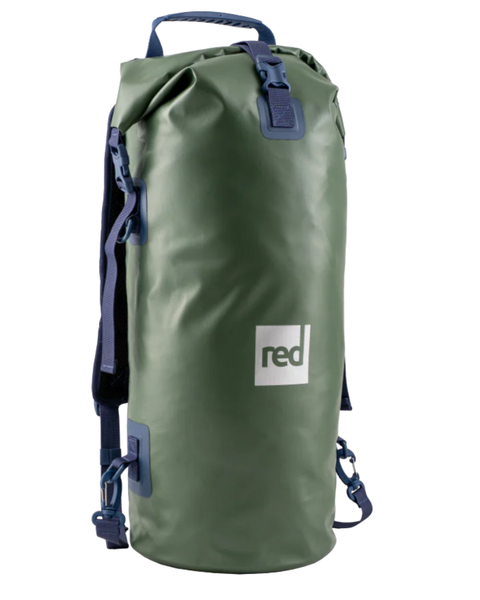 A green back pack with blue straps and a RED logo. 