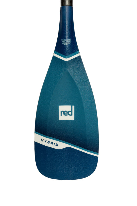 A three-piece Red Paddle Co paddle with blue blades and a black shaft.