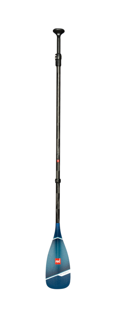Black and blue paddleboard paddle with Red logo on the blade.