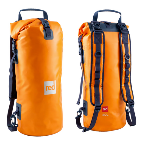 Front and back views of a 30L orange dry bag with black straps and 'red' logo on a white background