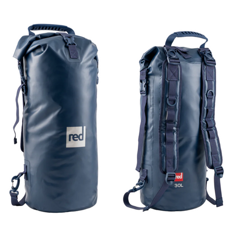 Front and back views of a blue 30l waterproof backpack with 'red' logo on a white background