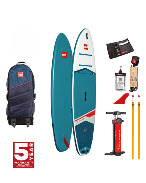 Picture of a light blue and white inflated paddleboard with ancillary equipment.