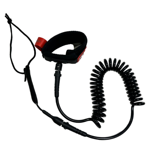 A black and red lanyard with connecting loops at each end and a coiled central section against a white background.