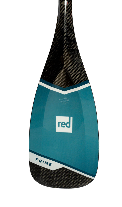 Blade of a Red paddleboard paddle showing carbon and blue detailing with brand logos.