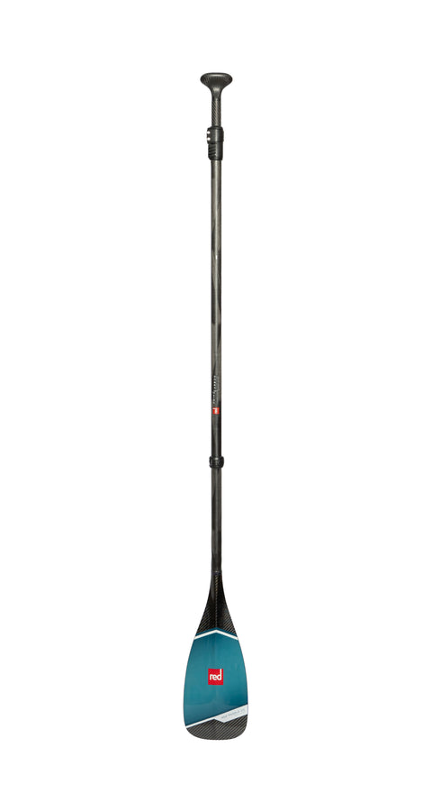 Branded paddleboard paddle. Black carbon details and Red logo with blue sections on the blade.