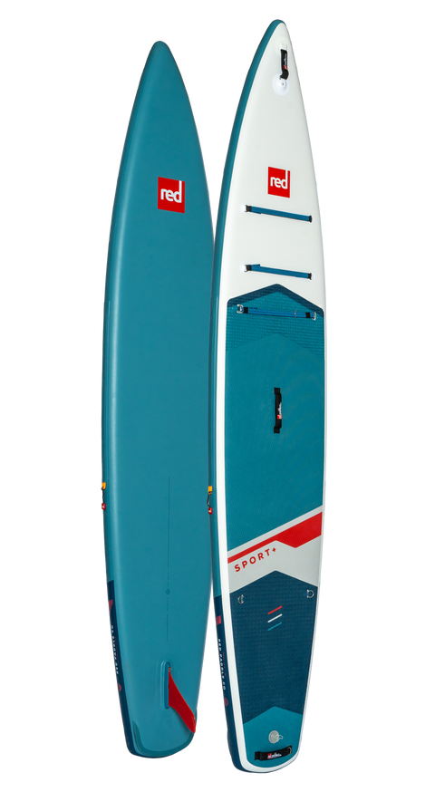 Top and bottom sides of a Red Sport+ paddleboard. The board is generally blue and white but carries a bit of red colour in the detailing. A red fin is fitted to the tail on the underside of the board