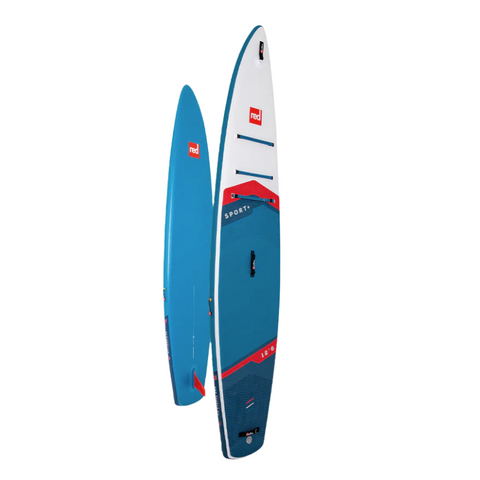 Full length image of an inflated paddleboard standing on its tail. Image includes both the top and bottom view of the board. Red, white and blue with brand logo's and branding