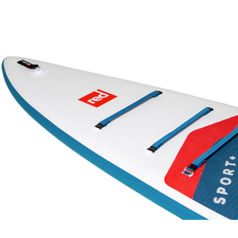 Close up image of the front section of a paddleboard that includes brand logos with red, white and blue colouring