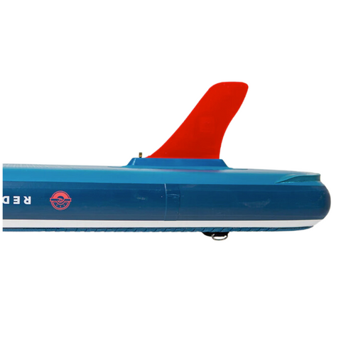 Close up side view of the back of a paddleboard that includes a red fin.