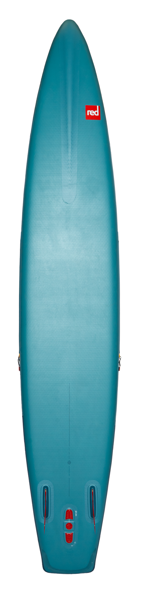 The underside of a blue paddleboard showing fitted fins and Red brand logo