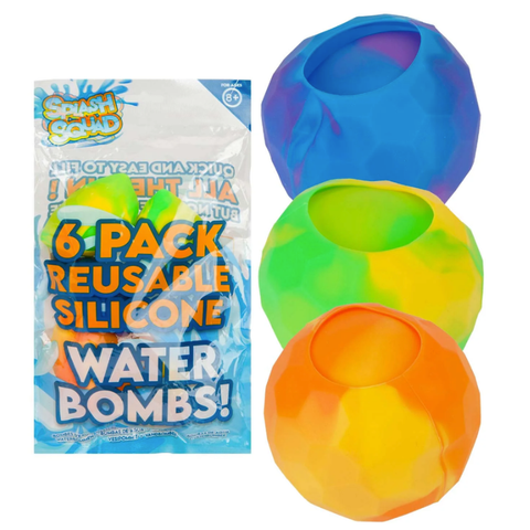 Colorful silicone water bombs with packaging labeled 6 Pack Reusable Silicone Water Bombs on a white background.