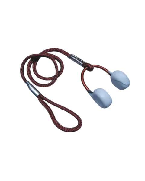 A nose clip with grey padded sections and a red securing lanyard for water sports.