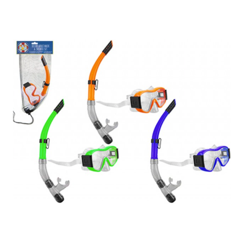 Snorkel and mask sets in a selections of colours against a white background.