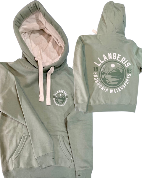 Green hoodie sweatsirt with Snowdonia Watersports logo and writing. Image of front and backside on a white background.