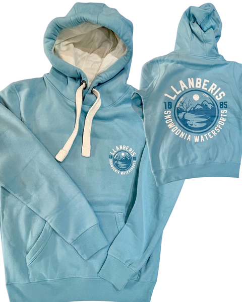 A light blue hooded sweatshirt shown from both front and back. The front features a kangaroo pocket, white drawstrings, and a circular LLANBERIS / Snowdunia Watersports logo on the left chest.