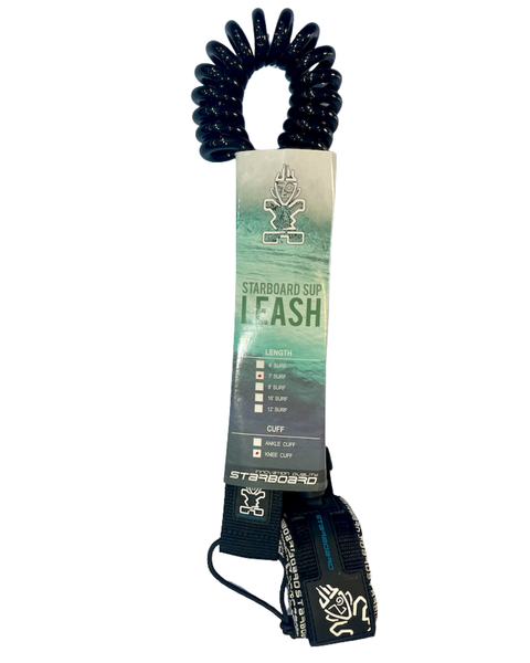 Coiled paddleboard leash with brand logo on a white background