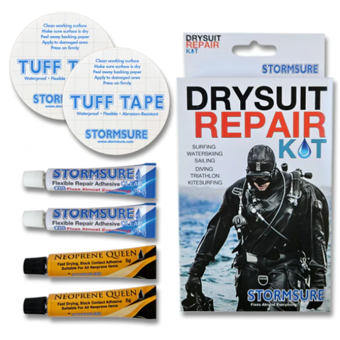 Contents of the Stomsure Drysuit Repair Kit showing adhesives and repair patches.