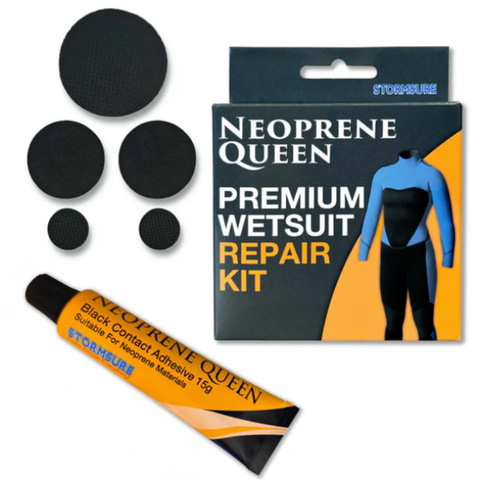 Neoprene Queen premium wetsuit repair kit with adhesive and patches on a white background.