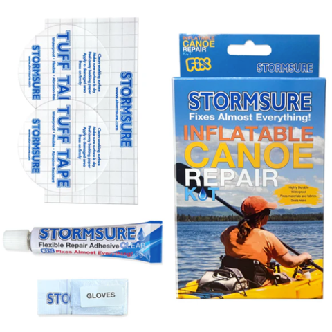 Stormsure inflatable canoe repair kit with repair tape, adhesive, and gloves on a white background.
