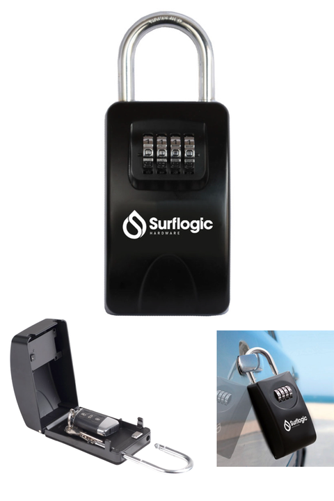 A collection of 3 views of a black padlock style key lock combination box with white branding. 