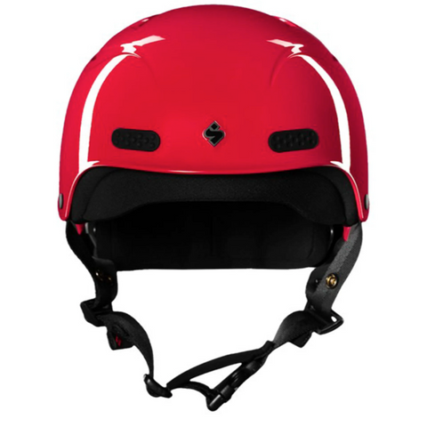 A shiny red watersports helmet with black lining and chin strap.