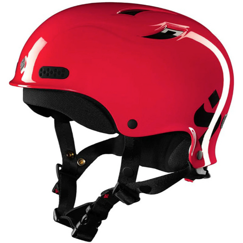 A red Sweet Protection Wanderer II paddlesports helmet with black straps and white detailing.
