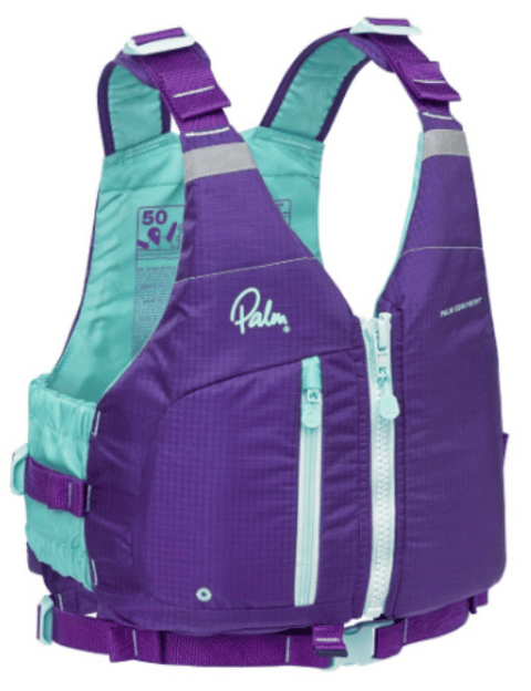 Purple buoyancy aid with blue trim designed for female paddlers. Made by Palm Equipment.