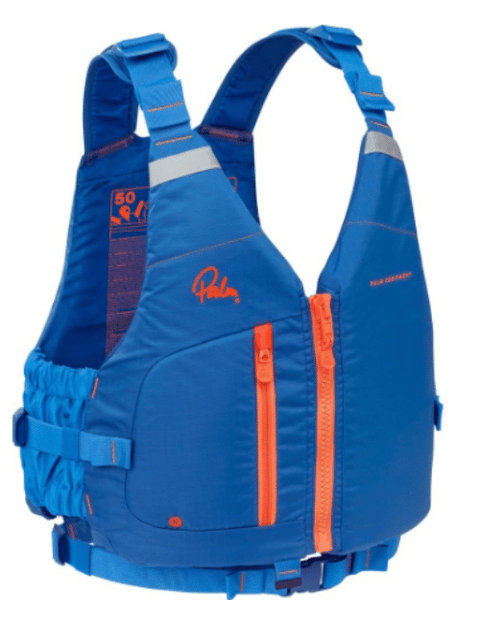 Cobalt blue buoyancy aid for paddle sports like kayaking and canoeing. Orange zips. Made by Palm Equipment.
