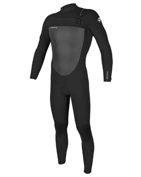 Black neoprene wetsuit with chest zip entry. made by Oneill. designed for surfing and general watersports