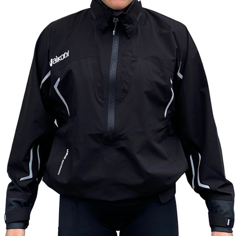 A Vaikobi VDry Performance Smock with black colour scheme, featuring a high collar, long zip front, and reflective detailing on the sleeves.