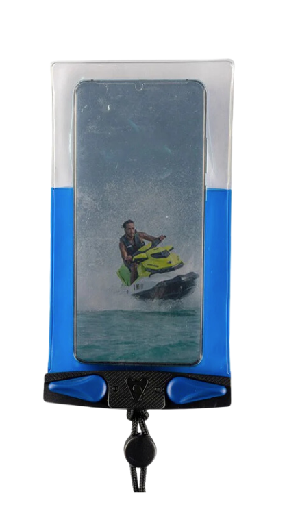 A waterproof phone case with a clear TPU window, predominantly white with blue accents, and a lanyard attachment.
