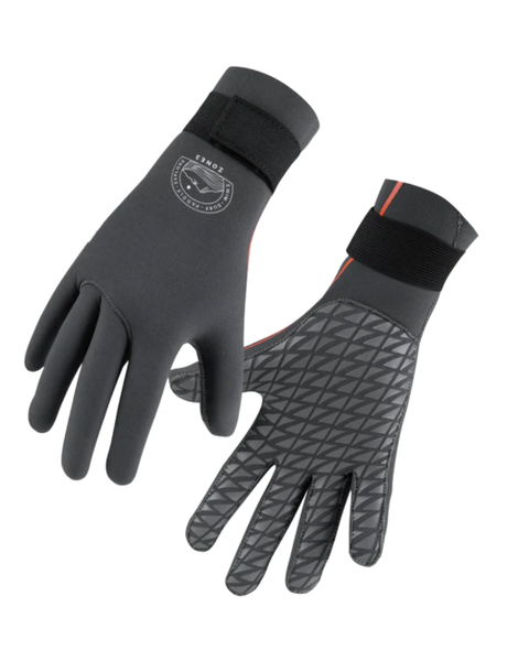 A pair of grey neoprene gloves showing a grippy palm and a wrist strap with brand lettering on a white background.