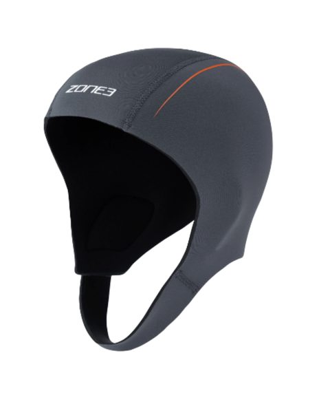 A grey hat with chinstrap fastening, orange detail and Zone3 lettering on a white background.