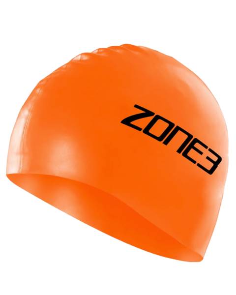 An orange swimming hat with black lettering saying Zone3 on a white background.
