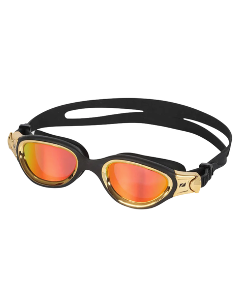 A pair of Black and golden swimming goggles with reflective orange lenses on a white background.