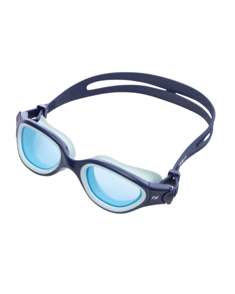 Swimming goggles with blue lenses and dark blue frame on a white background