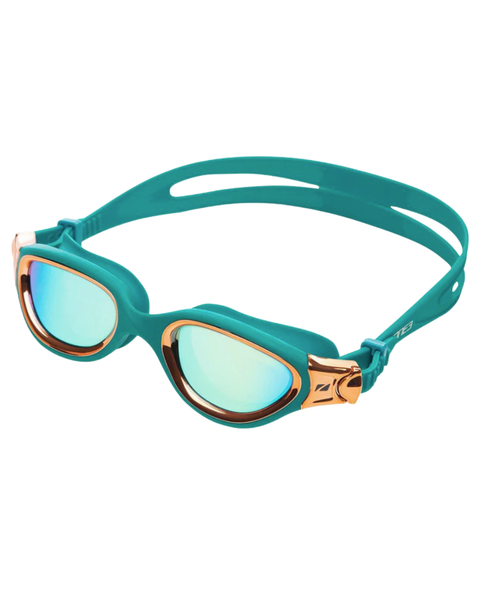 Teal and rose gold swimming goggles on a white background