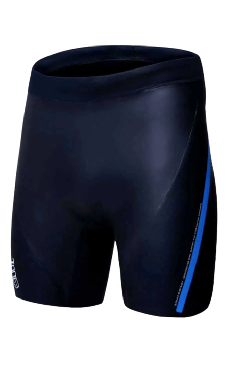 A pair of black swimming trunks with blue trim on a white background.