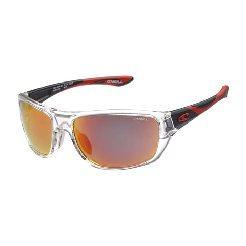 Sunglasses with red and black frame and orange lenses on a white background
